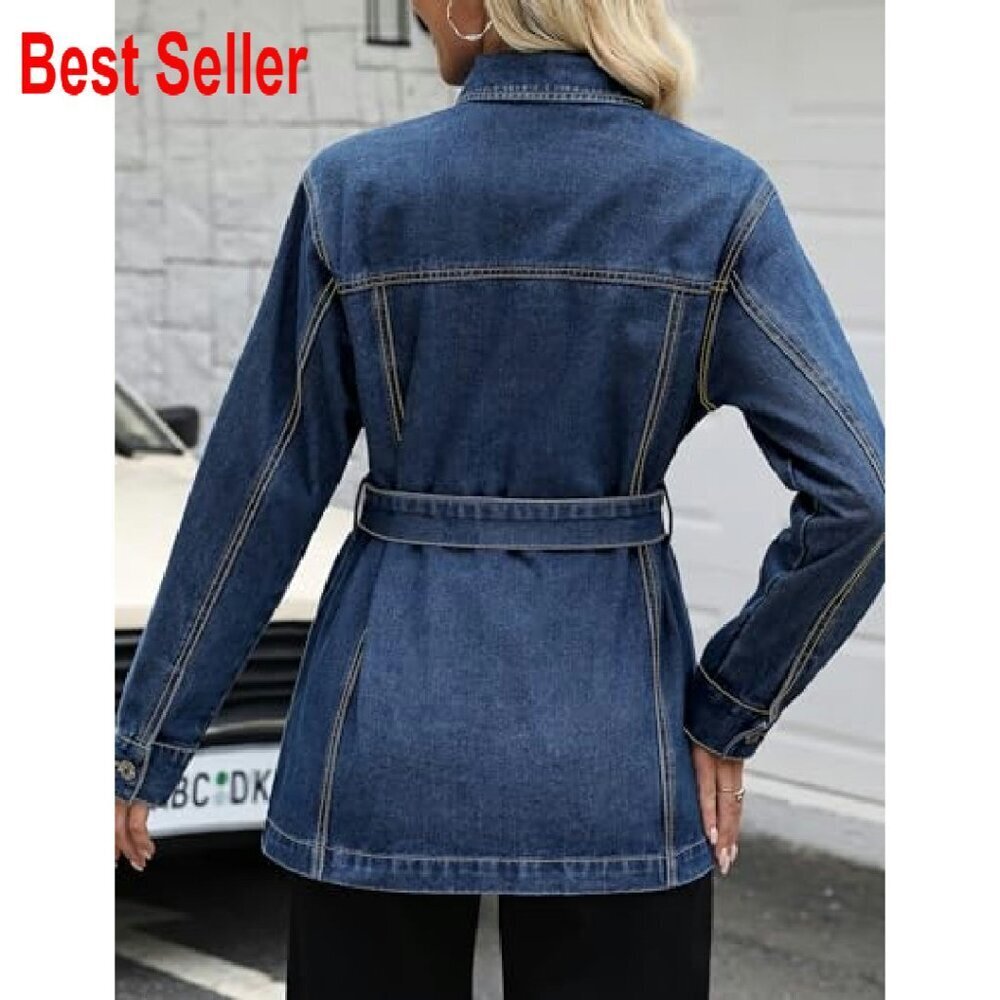 Oversized Denim Jacket Mid Long Classic Chic Trendy With Belt Pockets - Picture 3 of 7